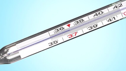 Clinical analog thermometer, mercury free, calibrated in degrees centigrade that rapidly increases temperature up to 38.5 degrees celsius. Fever or illness concept