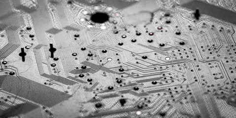 Macro Close up of printed wiring on PC circuit board..