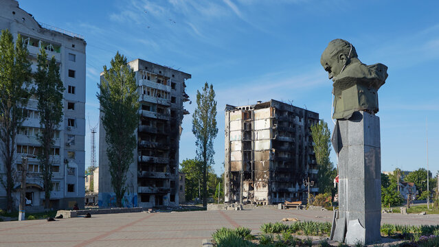 Borodianka, Kyiv region, Ukraine. The monument to Shevchenko was shot by the russian occupiers.