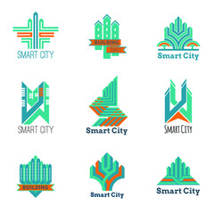 Smart City Symbols. Technologically modern urban area sings. Vector set buildings silhouette icons. Color real estate, city and skyline, bridges and roads vector illustration.