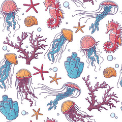Hand drawn Marine life pattern. Vector jellyfish, coral, algae, seahorse and starfish.