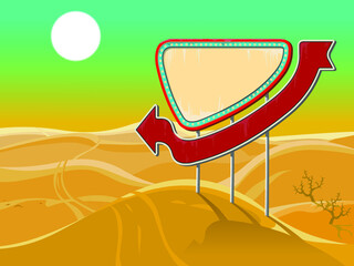 Big Advertising Billboard with a red pointing arrow in Retro Style in the deserted  landscape, with a huge sun in the background. Empty space leaves room for design elements or text. Vector