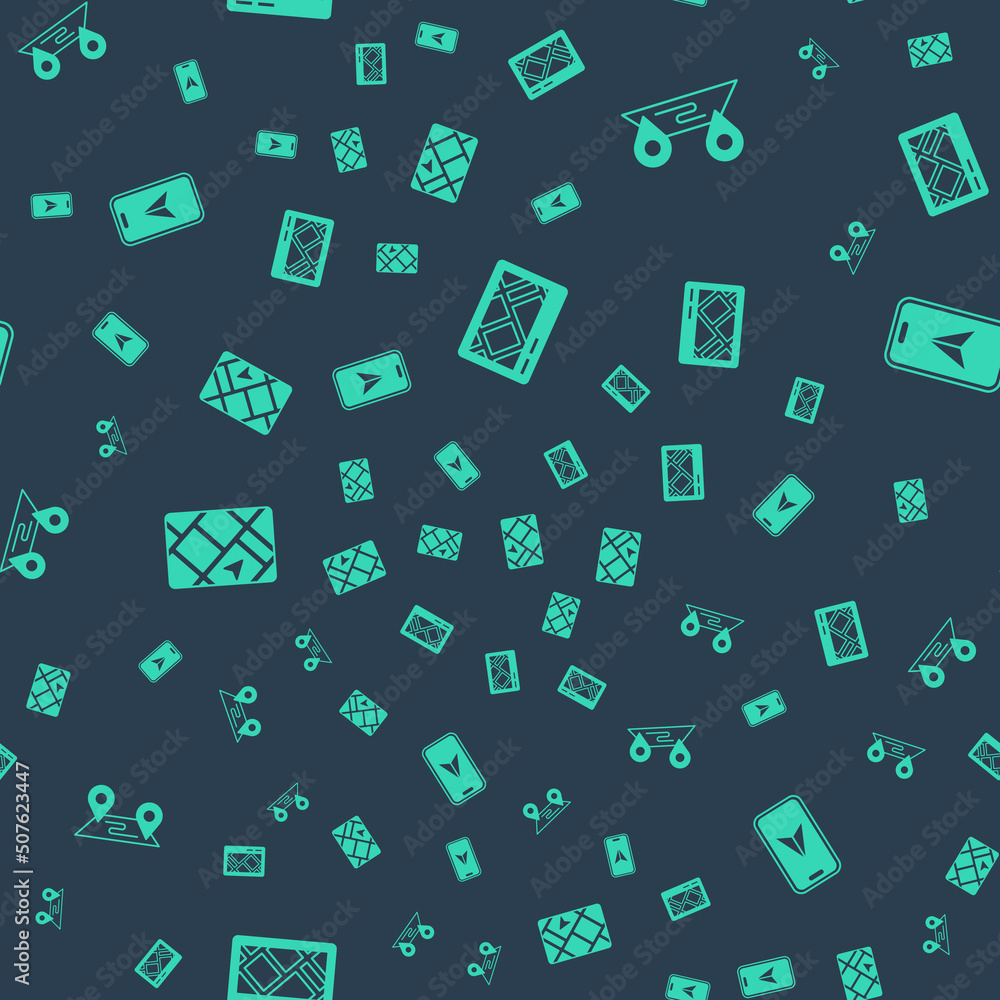Poster set gps device with map, route location, and city navigation on seamless pattern. vector