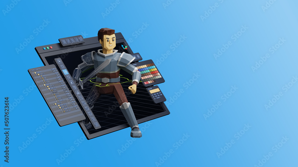 Poster game design development create characters animate pose 3d graphics artwork.video game designer devel