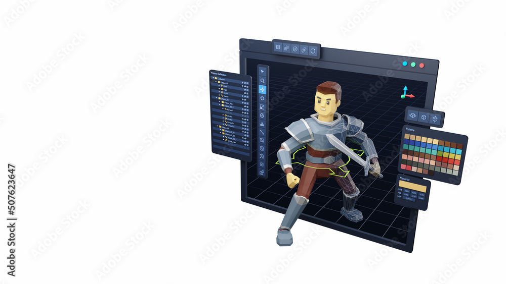 Fototapete Game design development create characters animate pose 3d graphics artwork.Video game designer developer Creative software. 3d rendering.