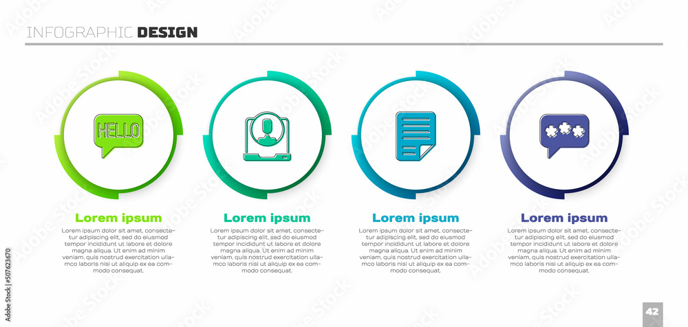 Aufkleber set hello in different languages, telephone 24 hours support, file document and speech bubble chat. 