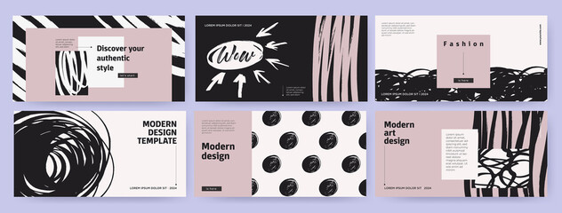 Creative covers or horizontal posters  in modern art style for corporate identity, branding, social media advertising, promo. Modern layout design template with abstract hand drawn doodle lines, dots © Tanya