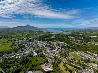 Westport town Mayo Ireland from above sunny summer day drone photo