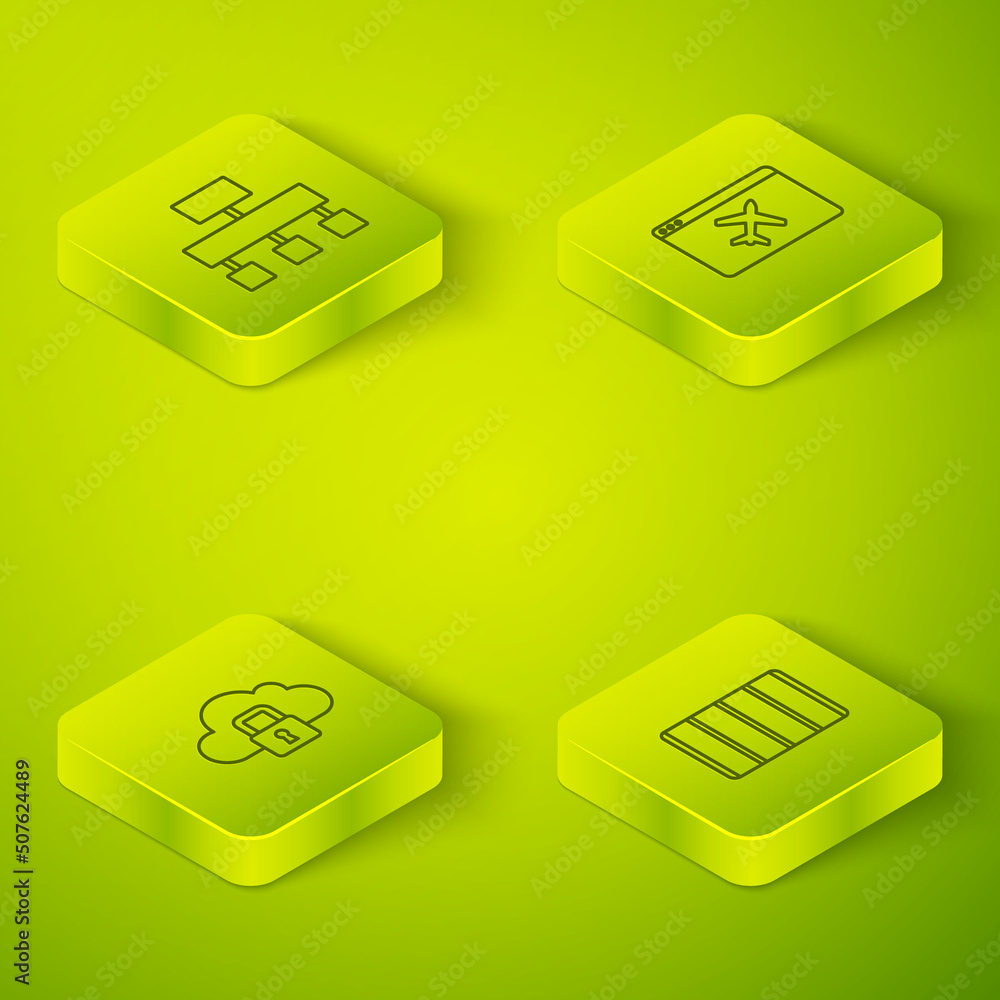 Poster set isometric line website template, cloud computing lock, color palette guide and site map icon. ve