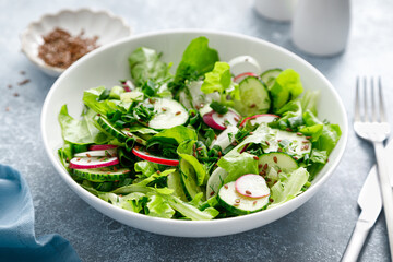 Salad with fresh green lettuce, radish and cucumber