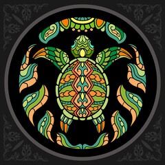 Colorful sea turtle zentangle arts. isolated on black background.