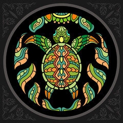 Colorful sea turtle zentangle arts. isolated on black background.