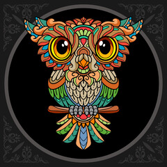 Colorful cute owl cartoon zentangle arts. isolated on black background.