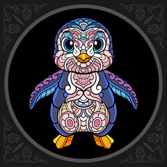 Colorful cute penguin cartoon zentangle arts. isolated on black background.