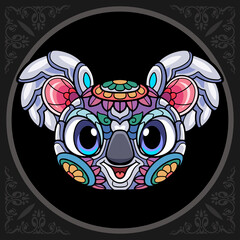 Colorful cute koala head cartoon zentangle arts. isolated on black background.
