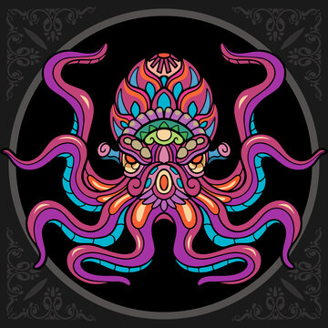 Colorful octopus kraken zentangle arts. isolated on black background.