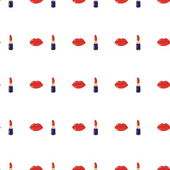Arranged pattern on a white background, consisting of a bottle of lipstick and red lips. Vector pattern, infinite pattern, white background. Beauty, wrapping paper, red,lipstick, kiss, paper, makeup