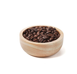 Coffee beans in wooden bowl isolated on white background.