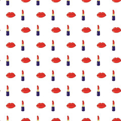 A pattern of lipstick and lips on a white background. Vector pattern, infinity pattern, seamless. Red, lipstick, kiss, paper, makeup.