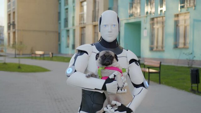 Portrait of humanoid robot with pug dog in hands posing at camera at urban area. Innovative and futuristic service facilitating human labor and helping to take care of lovely pets.