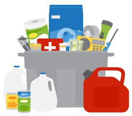 A set of emergency supplies, hurricane and disaster preparedness items in a plastic storage bin.
