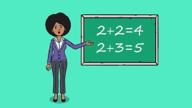 Cartoon styla animation of proffesor standing in front of chalkboard and talking. Animation is in easy to edit loop.