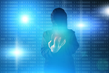 hacker attack, cybercrime, digital data protection, antivirus, cyber security, hacker with a tablet on the background of binary code