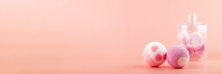 bath foam ball, natural cosmetics, pink body salt, banner,