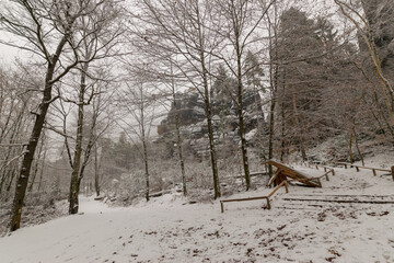 snowy hiking path at the Elbsandsteingebirge (Saxon Switzerland, Germany)