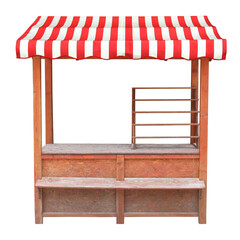 Wooden market stand stall with red white striped awning. Retail business concept.