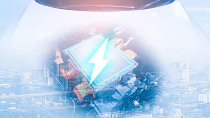 EV car and electric motor engine with a city environment, double exposure,EV electric car environmentally friendly concept