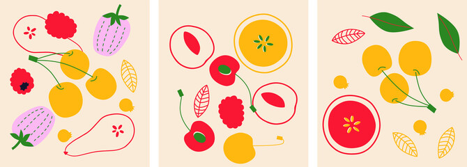 Cute appetizing Fruits and berries collection. Decorative abstract horizontal banner with colorful doodles. Hand-drawn modern illustrations with Fruits and berries, abstract elements. 
