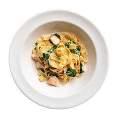 Isolated portion of salmon fettuccine with spinach in creamy sauce