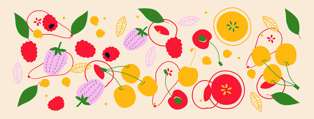 Cute appetizing Fruits and berries collection. Decorative abstract horizontal banner with colorful doodles. Hand-drawn modern illustrations with Fruits and berries, abstract elements. 