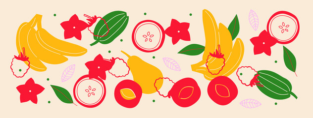 Cute appetizing fruit and berries collection. Decorative abstract horizontal banner with colorful doodles. Hand-drawn modern illustrations with fruit and berries, abstract elements. Abstract series
