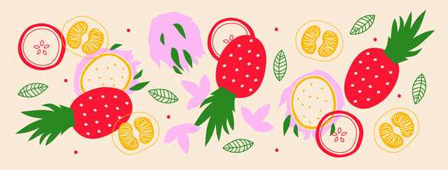 Cute appetizing fruit and berries collection. Decorative abstract horizontal banner with colorful doodles. Hand-drawn modern illustrations with fruit and berries, abstract elements. Abstract series