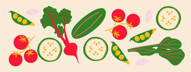 Cute appetizing Vegetables collection. Decorative abstract horizontal banner with colorful doodles. Hand-drawn modern illustrations with Vegetables, abstract elements. 