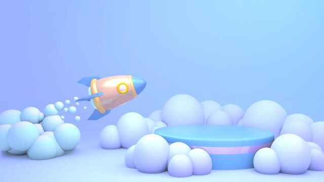 Looped 3d podium with clouds and a spaceship animation.