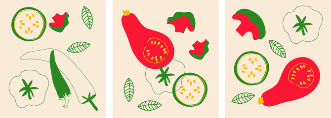 Cute appetizing Vegetables collection. Decorative abstract horizontal banner with colorful doodles. Hand-drawn modern illustrations with Vegetables, abstract elements. Pumpkun, cucumber, tomatoes