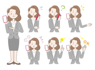 スマホを持つスーツ姿の女性の表情セット