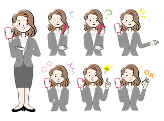 スマホを持つスーツ姿の女性の表情セット