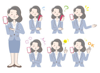 スマホを持つスーツ姿の女性の表情セット