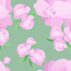 Seamless pattern with pale pink peony flowers on a light green backdrop. Soft delicate botanical floral print with garden plants. Vector graphics in vintage natural style for fabric, paper wrapping