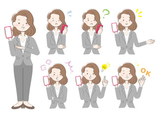 スマホを持つスーツ姿の女性の表情セット