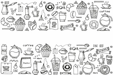 set of hand drawn coffee doodles: drinks, desserts, beans and other related objects. Vector sketch illustration background