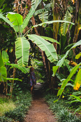 Person in the tropical jungle under palm leaves.