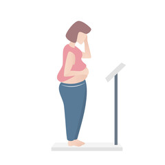 Bloated woman worry,standing check weight on scale machine,it was time to lose weight,Overweight and obesity concept,Vector illustration.