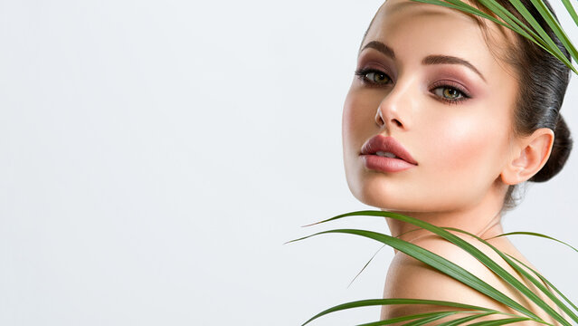 Young beautiful woman with healthy skin of face and palm leaves. Closeup fresh face of an attractive caucasian girl with green plants. Model with bright brown eye makeup. Skin care concept.