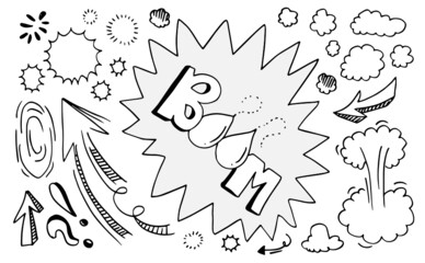 Hand drawn comic doodles on white background.