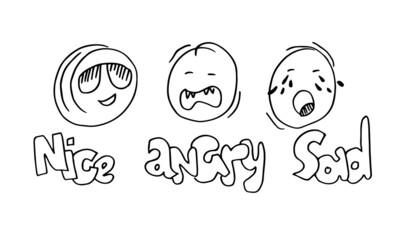 Hand drawn emoticon set, vector on white background.